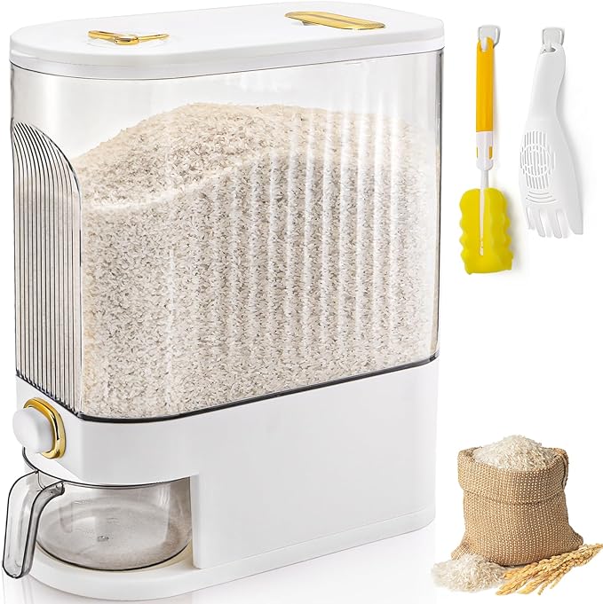 Clear Rice Holder Dispenser, 22 Lbs Large Grain Storage Container with Measuring Cup, Cylinder Household Food Dispenser Bucket Kitchen Organization for Cereal Oatmeal Coffee Bean Soybean Corn