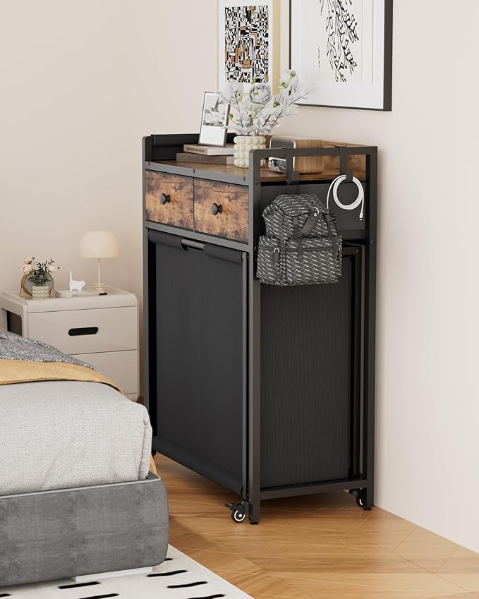 Laundry Hamper Basket 2 Section : Rolling Laundry Sorter Organizer with Wheels - Clothes Hamper with Shelf Drawers Oxford Bags - Clothes Basket for Laundry Room Bathroom Bedroom