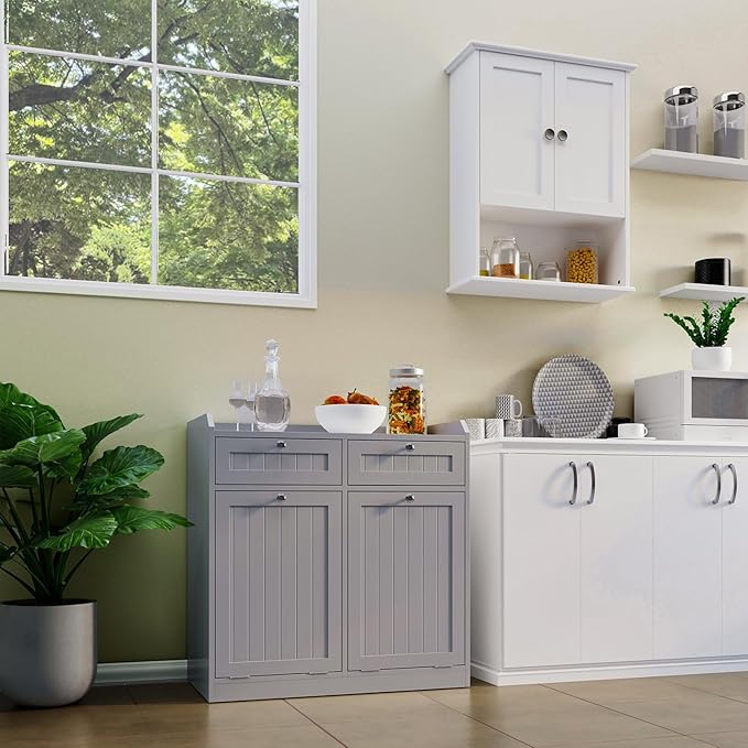 Double Tilt Out Trash Can Cabinet, Dog-Resistant, Fits 13.8"H Bins (Max 11.8"x11.8" Base), Includes Removable Fabric Hamper, Easy Assembly, Grey for Kitchen & Laundry