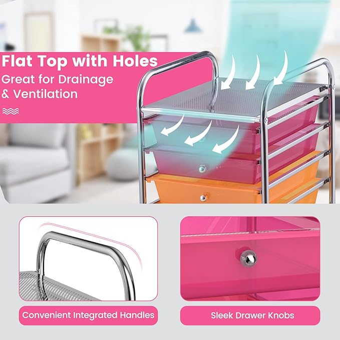 Storage Cart, Rolling Utility Cart with 10 Drawers, Portable Handles & Lockable Wheels, Mobile Paper Toys Storage Organizer Large Capacity for Home Office School Teacher (Rainbow)