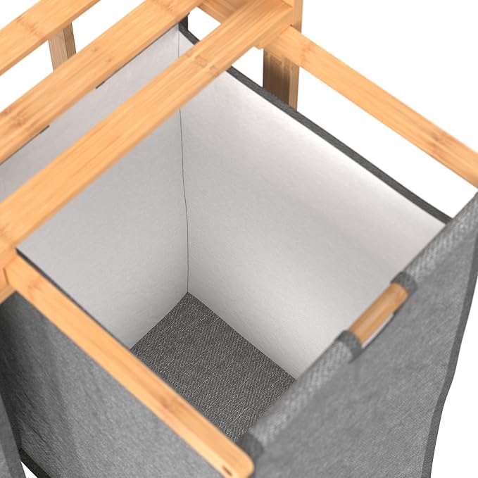 ClosetMaid Bamboo Laundry Hamper and Shelf, 2 Sliding Bag Sections, Laundry Sorter with Dual Compartments, Gray Bags, Natural Finish
