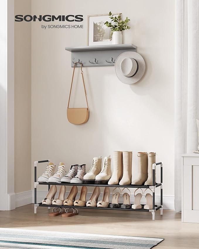 SONGMICS 2-Tier Shoe Rack, Shoe Storage for Hallway Closet, Slim and Space-Saving, Metal Frame, Non-Woven Fabric Shelves, Black ULSH052B01