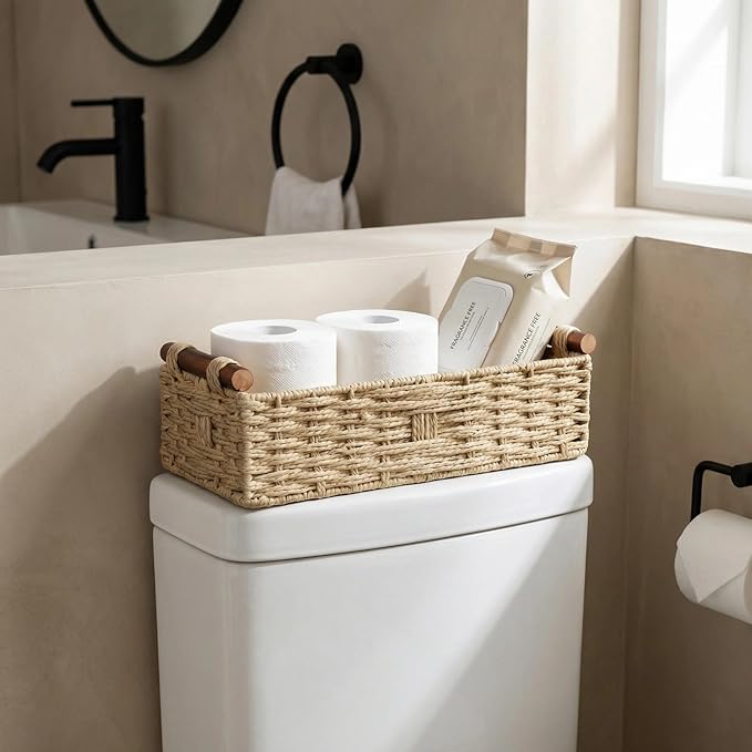 Back of Toilet Basket with Wood Handles, Khaki Wicker Toilet Paper Basket for Toilet Tank Top, Narrow Toilet Tank Basket, Bathroom Basket Organizer for Wipes & Essentials