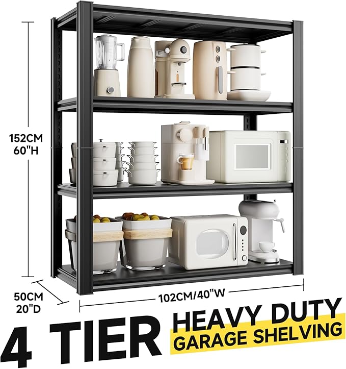 4-Tier 40" W x 20" D x 60" H Garage Shelving Garage Storage Shelves 2500LBS Metal Industrial Shelf Adjustable Heavy Duty Shelving Storage Rack Shelving Unit (Black)