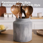 Farmhouse Ceramic Farmhouse Kitchen Utensil Holder for Countertop, Rustic Cooking Utensil Holder Crock Fit for Kitchen Counter.Grey 6.1 x 6.1 x 7 IN