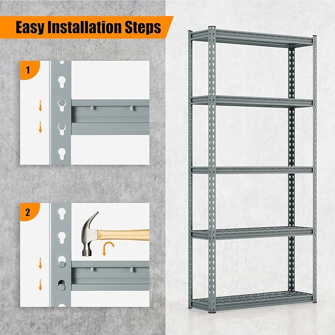 Giantex 5-Tier Storage Shelves, Height Adjustable Metal Storage Utility Rack Shelf with Anti-Tipping Device, Heavy Duty Garage Shelving for Warehouse, Basement, Kitchen, 35.5" x 12" x 72", Grey
