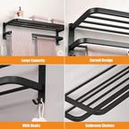 DDS-DUDES 15 Inch Black Towel Racks for Bathroom Towel Shelf with Double Towel Bars Lavatory Wall Mount Holder with Hooks Stainless Steel Hotel Bath Rack (Matte Black)