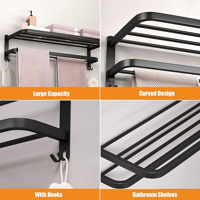 DDS-DUDES 15 Inch Black Towel Racks for Bathroom Towel Shelf with Double Towel Bars Lavatory Wall Mount Holder with Hooks Stainless Steel Hotel Bath Rack (Matte Black)