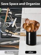 Utensil Holder, 6.7" Ceramic Kitchen Utensil Crock for Countertop Cooking, Modern Utensil Caddy Jar Organizer for Farmhouse Kitchen Counter Decor (Black)