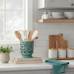 Farmhouse Kitchen Utensil Holder for Countertop, Ceramic Large Cooking Utensil Crock with Cork Mat, Hollow Carving Decorative Rustic Utensil Holder for Kitchen Counter, Antique Blue