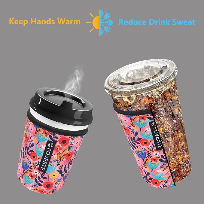Reusable Neoprene Insulator Sleeve for Iced Coffee & Cold Soda, Coffee Sleeves for Iced & Hot Drinks, Cold Beverage Cooler Compatible with Starbucks, Dunkin (Abstract Flower, Large: 32oz)