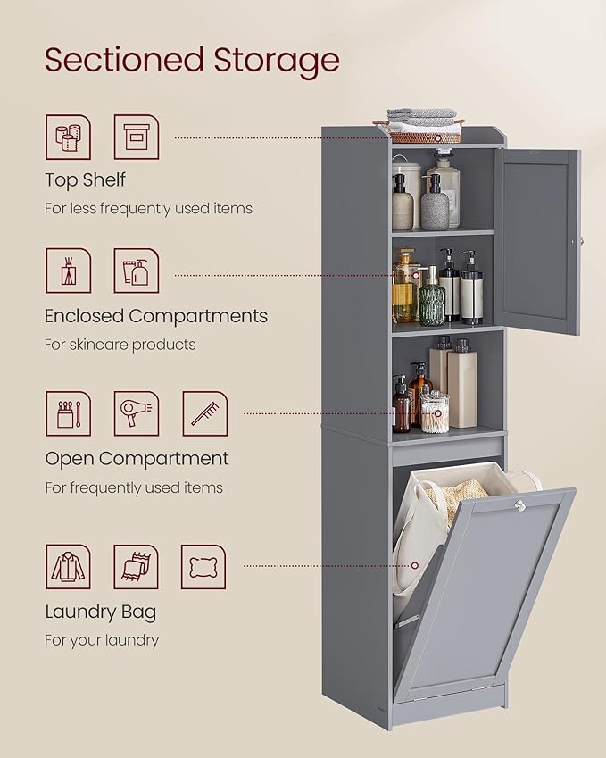 VASAGLE Tall Storage Cabinet, Storage Unit with Removable Laundry Basket, Compartment and Cabinet, for Bathroom, Living Room, 15.8 x 15.8 x 66.9 Inches, Dove Gray UBBC761G02
