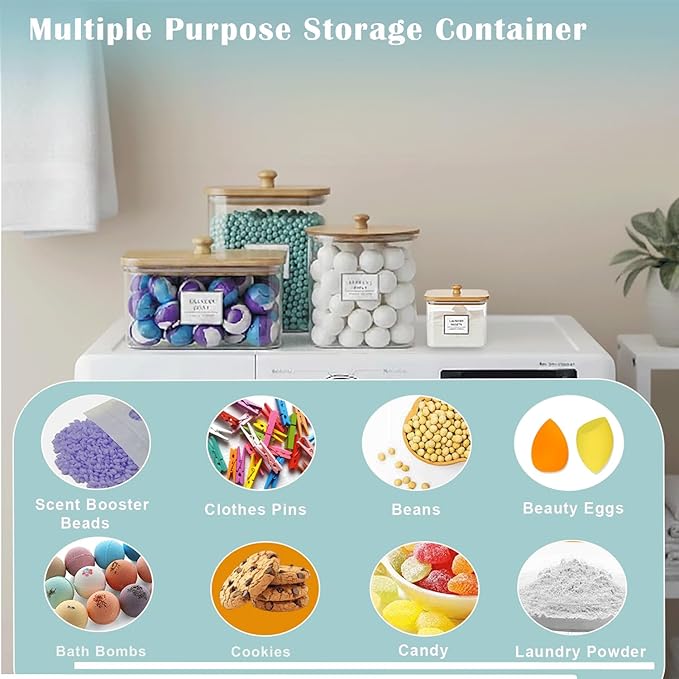 4 packs Laundry Pod Containers for Storage & Organization, Solution featuring Powder Laundry Detergent Container & dryer sheets with bamboo lids and labels. Includes scoops for powder and detergent.
