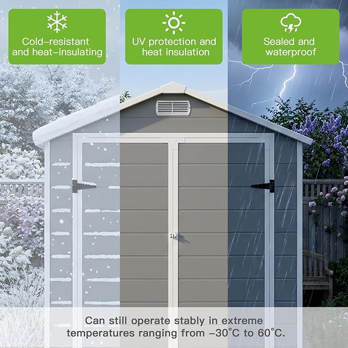 AIRAJ 6x4 FT Outdoor Storage Shed,Resin Storage Shed with Floor/Window/Vent/Roof Rainwater Drainage/Lockable Door,All-Weather Garden House,for Backyard, Garden,Poolside,Bike,Lawn Mower,Patio Furniture