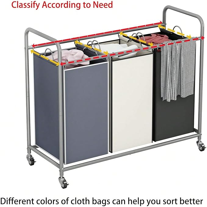 3-Bag Laundry Sorter Cart with Rolling Lockable Wheels, Removable Bags, 32.68 x 15.75 x 33.46 in, Black, Beige and Grey (Beige)