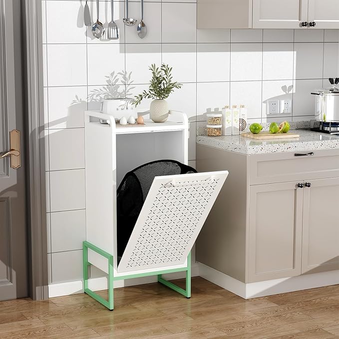 Stylish Trendy 16-Gallon Tilt-Out Laundry Hamper with Removable Basket & Hidden Trash Cabinet, Sturdy Water-Resistant Steel Space-Saving Storage 13.77"D x 16.53"W x 36.51"H for Small Bathroom Green