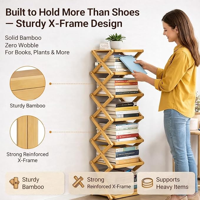 The 9-Tier No-Assembly Bamboo Rack, Folding Bamboo Shoe Rack Organizer with Collapsible Vertical Design, Space-Saving & No-Tool Assembly, for Entryways,Corners,Bedrooms,Balconies (Brown,7)