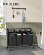 SONGMICS Rolling Laundry Sorter Basket with 4 Removable Bags, Laundry Hamper Cart, for Bedroom, Bathroom, 4 x 11.9 Gallons, Ink Black URLS103B01