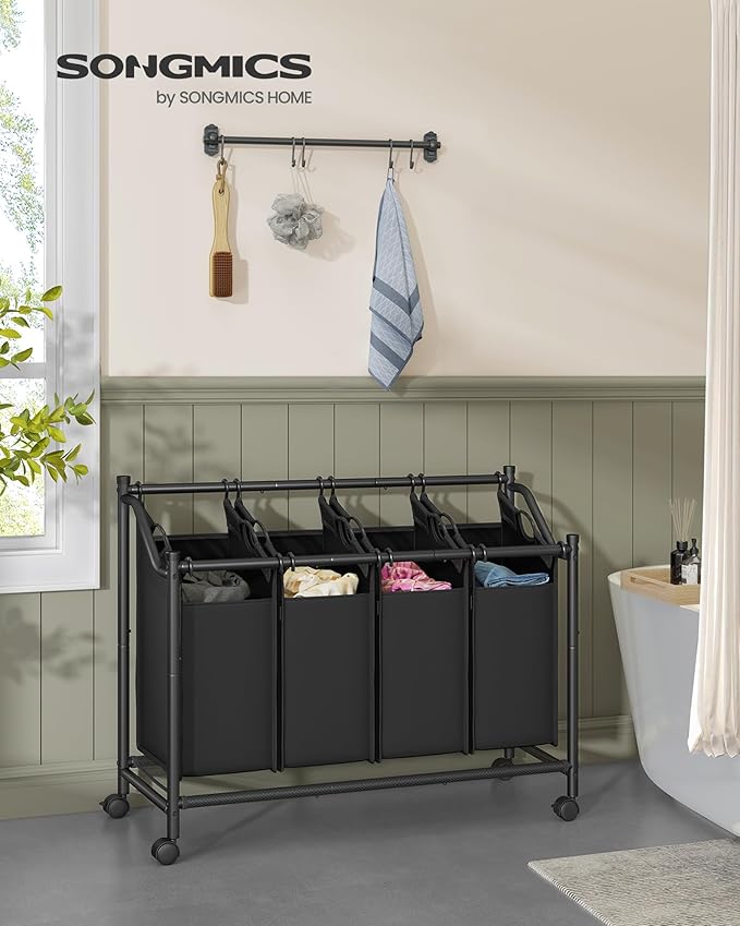SONGMICS Rolling Laundry Sorter Basket with 4 Removable Bags, Laundry Hamper Cart, for Bedroom, Bathroom, 4 x 11.9 Gallons, Ink Black URLS103B01
