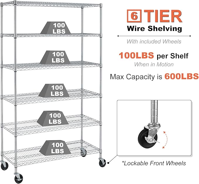 Heavy Duty 6 Tier Shelving Unit Adjustable 6000Lbs Capacity Steel Storage Rack 18" x 48 x 76 Mobile Shelves Wire Shelf Silver Rolling Utility Cart for Pantry Garage Kitchen, Chrome