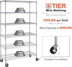 Heavy Duty 6 Tier Shelving Unit Adjustable 6000Lbs Capacity Steel Storage Rack 18" x 48 x 76 Mobile Shelves Wire Shelf Silver Rolling Utility Cart for Pantry Garage Kitchen, Chrome