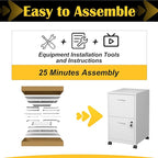 2 Drawer File Cabinet with Lock，White Rolling File Cabinet for Home Office, Metal Small Mobile Filing Cabinets on Wheels for Hanging Letter