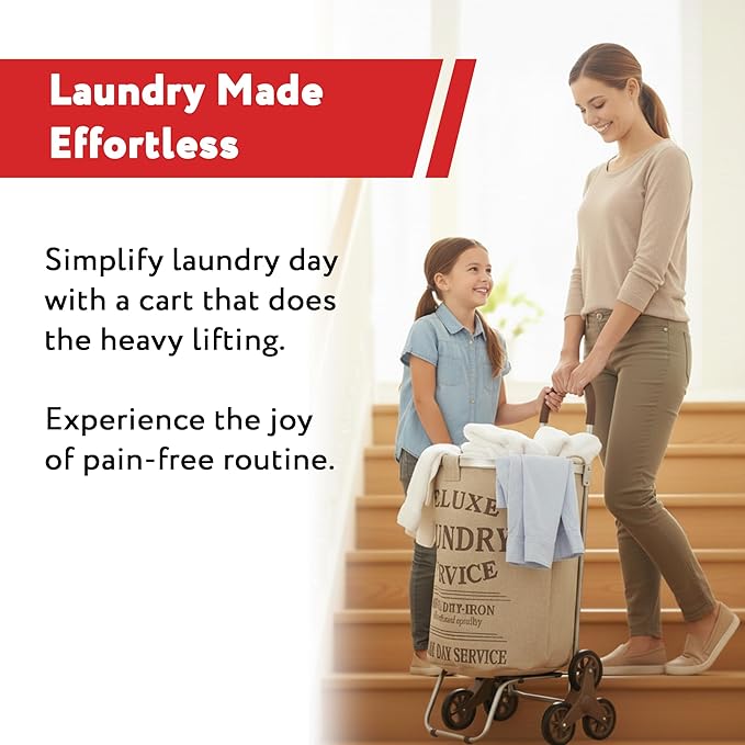 dbest products Stair Climber Laundry Trolley Dolly, Beige Laundry Bag Hamper Basket cart with wheels sorter