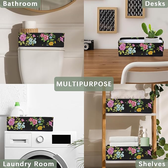 Toilet Tank Topper Paper Basket with Handle, Black Floral Bathroom Storage Basket for Organizing, Small Fabric Storage Bins for Bathroom Decor, Polyester
