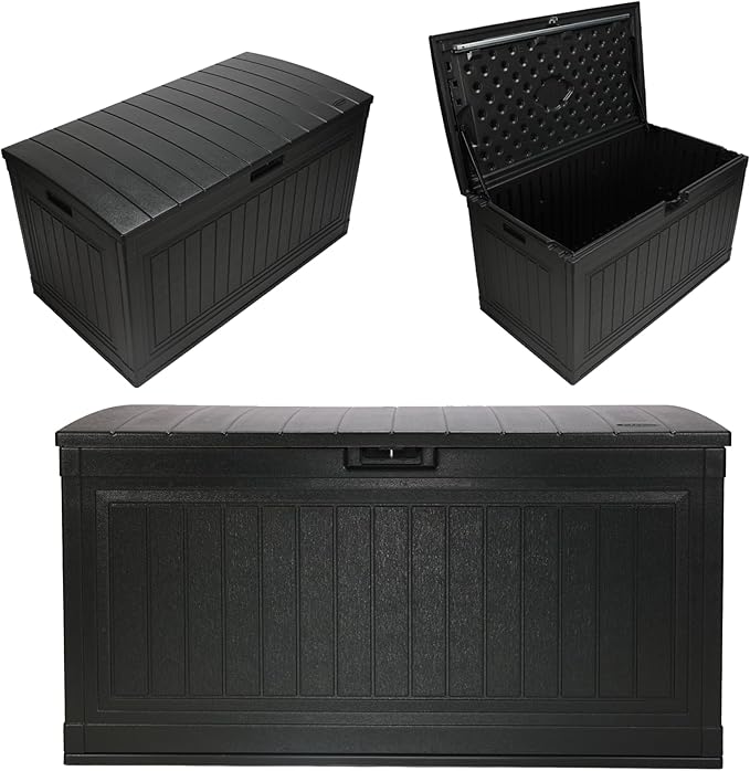 Suncast 80-Gal. Resin Large Outdoor Patio Deck Box with Pad-Lockable Lid, Modern Outdoor Patio Bench/Storage Box for Cushions, Garden Tools, and More, Iron Ore