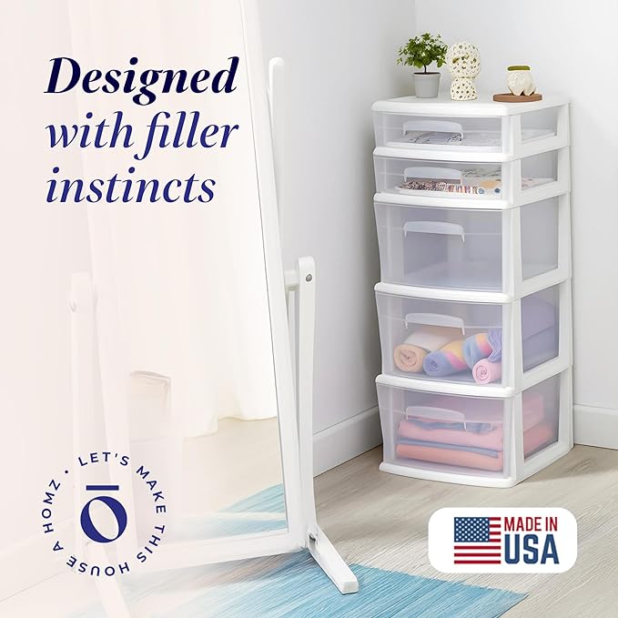 HOMZ 5-Drawer Storage Cart, Clear Plastic Drawers, 14.25" Wide Medium, White Frame - Organizing Drawer Containers for Home, Bathroom, Bedroom, Office, and Classroom
