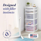 HOMZ 5-Drawer Storage Cart, Clear Plastic Drawers, 14.25" Wide Medium, White Frame - Organizing Drawer Containers for Home, Bathroom, Bedroom, Office, and Classroom