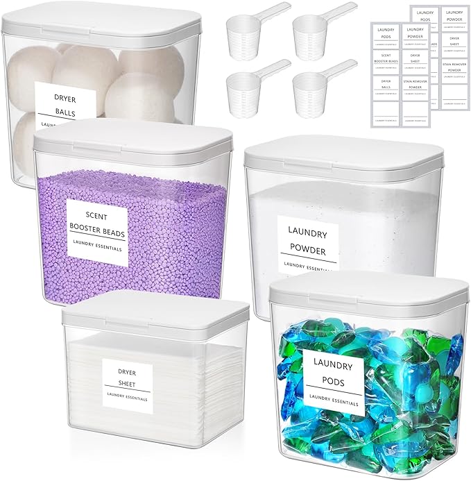 Lifewit 5 Pcs Laundry Pods Container with Pop-up Lid, Dryer Sheet Holder, Laundry Room Organization Storage Jars for Washing Powder, Soap, Scent Booster Beads, 2700 +4500ml/0.72+1.2gal