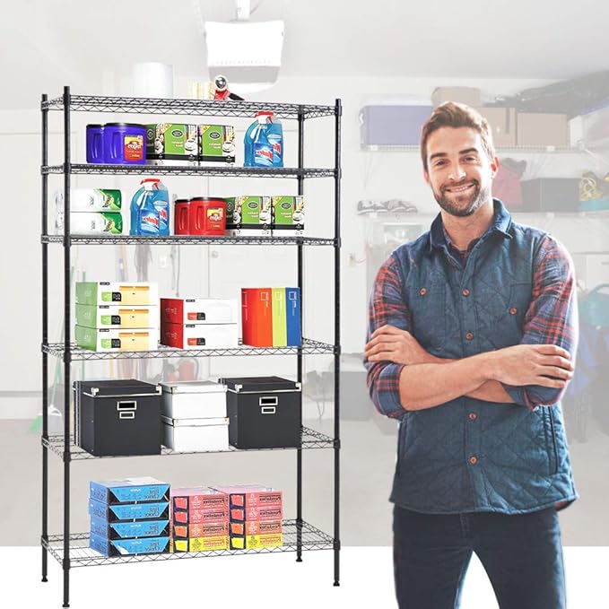 PayLessHere | 6-Tier Wire Shelf | 42"x16"x72" | Black | Adjustable Racks | Heavy-Duty Storage Shelves, Holds Upto 1500 lbs | Rust-Resistant, No-Tool Assembly | for Home, Garage Shelving