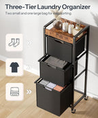 HOOBRO Vertical Laundry Hamper with Wheels, Slim 3 Section Laundry Sorter, Space Saving Rolling Laundry Cart with Removable Bags & Shelf, Laundry Basket for Bathroom, Bedroom, Rustic Brown
