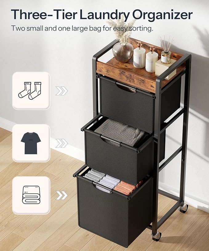 HOOBRO Vertical Laundry Hamper with Wheels, Slim 3 Section Laundry Sorter, Space Saving Rolling Laundry Cart with Removable Bags & Shelf, Laundry Basket for Bathroom, Bedroom, Rustic Brown