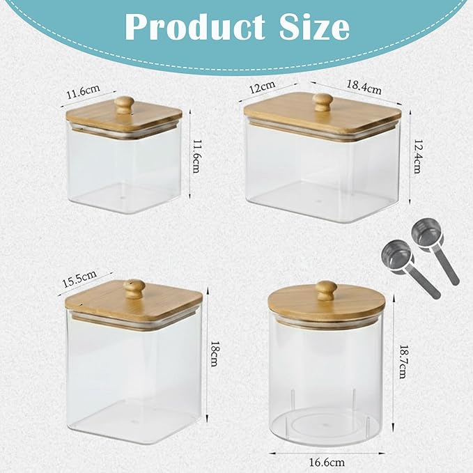 4 packs Laundry Pod Containers for Storage & Organization, Solution featuring Powder Laundry Detergent Container & dryer sheets with bamboo lids and labels. Includes scoops for powder and detergent.
