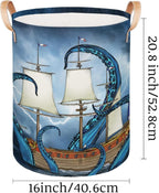 Sea Monster Octopus Collapsible Laundry Basket Large Laundry Hamper Waterproof Storage Bins with Leather Handles Clothes Nursery Hampers for Bathroom Bedroom Toy Organizer, Nautical Theme