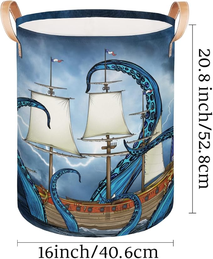 Sea Monster Octopus Collapsible Laundry Basket Large Laundry Hamper Waterproof Storage Bins with Leather Handles Clothes Nursery Hampers for Bathroom Bedroom Toy Organizer, Nautical Theme