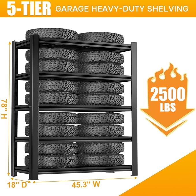 5 Tier Wide Garage Shelving Heavy Duty, Metal Storage Shelves for Garage Organization, Adjustable Utility Shelf, 45.3" W x 18" D x 63" H