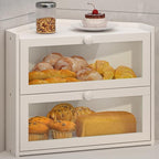 Corner Bread Box for Kitchen Countertop, Large Bread Container Storage Bamboo Wooden Farmhouse Bread Box with Window Bread Holder (White)