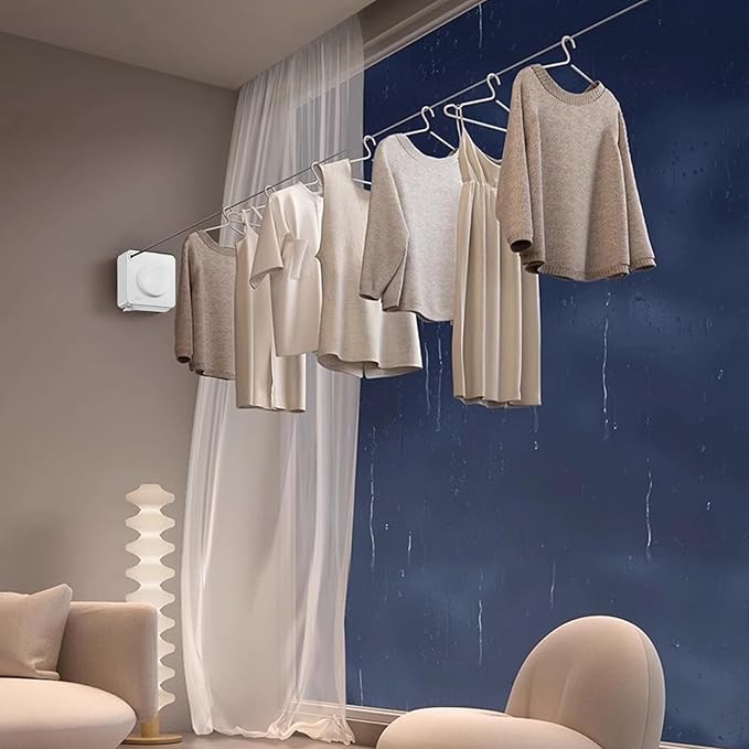 JXKNKSR-Telescopic Clothesline Indoor and Outdoor, Heavy-Duty Laundry Line, Wall Mounted, Safety Lock System (White+10Clothes Pins)