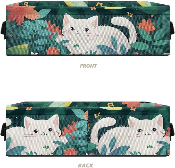 Small Bathroom Storage Basket Narrow Storage Bins Fabric Organizer Rectangular Bedroom Essentials Storage Container for Home Office Organization, White Cat Flower Green Leaves