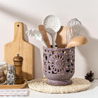 Farmhouse Kitchen Utensil Holder for Countertop, Ceramic Large Cooking Utensil Crock with Cork Mat, Decorative Rustic Utensil Holder for Kitchen Counter, Hollow Carving Flower, Purple