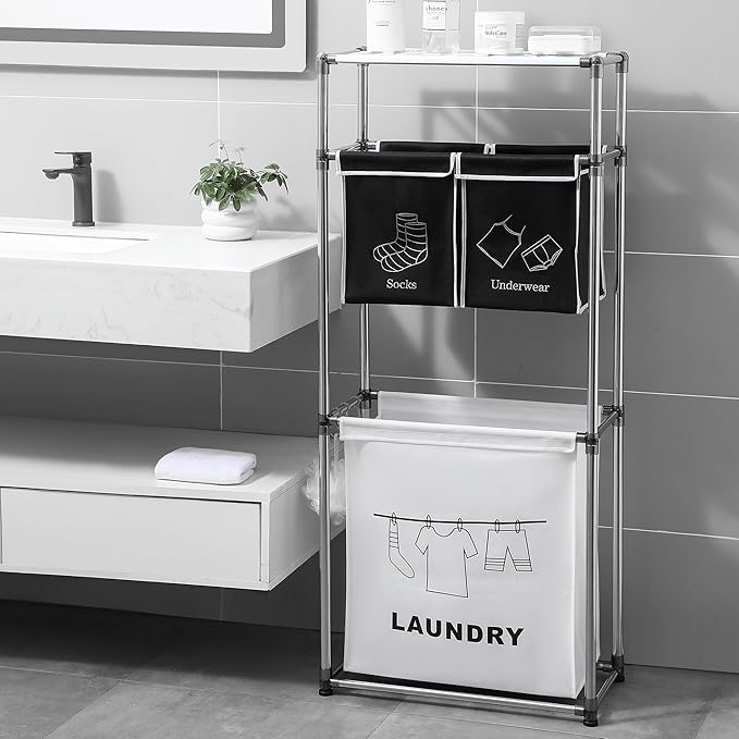 3-Tier Laundry Sorter Hamper with 4 Removable Oxford Fabric Bags, Heavy-Duty Iron Frame, Waterproof MDF Shelves, Side Hooks, 23.2"L x 11.4"W x 53.5"H