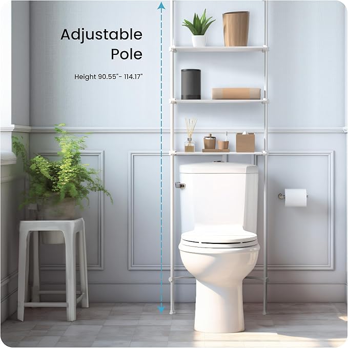 Home Zone Living Over-the-Toilet Organizer with Adjustable 4-Tier Shelves, Tension-Mounted Bathroom Storage Rack for Ceilings 91" to 114" High, White