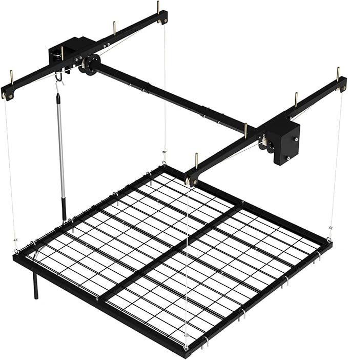 Overhead Garage Lifting Storage Rack, 4x4 ft Heavy-Duty Carbon Steel Ceiling Storage Rack, Adjustable Organization System, 350Lbs Safe Load (Tested to 600Lbs), Manual Crank Lift Design