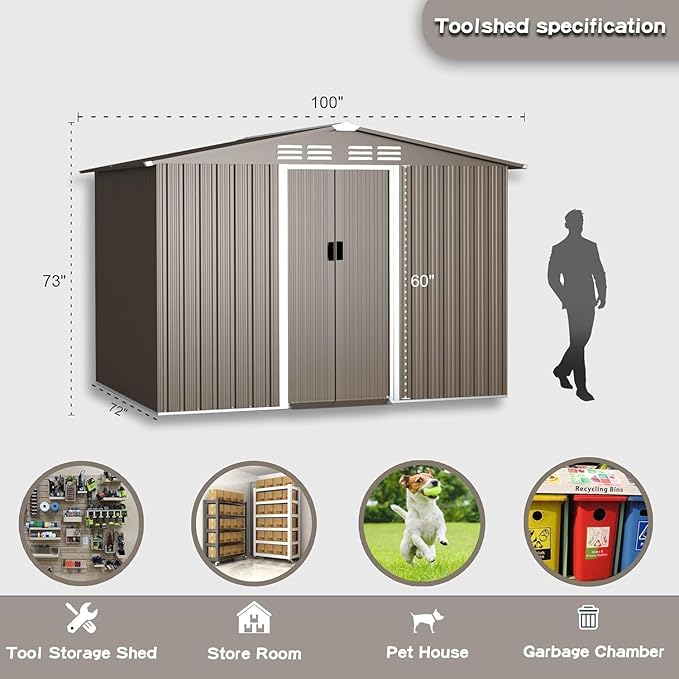 Kullavik 8FT x 6FT Outdoor Storage Shed with Lockable Doors,Waterproof Metal Garden Tool Shed,Galvanized Steel shed for Backyard,Garden,Patio