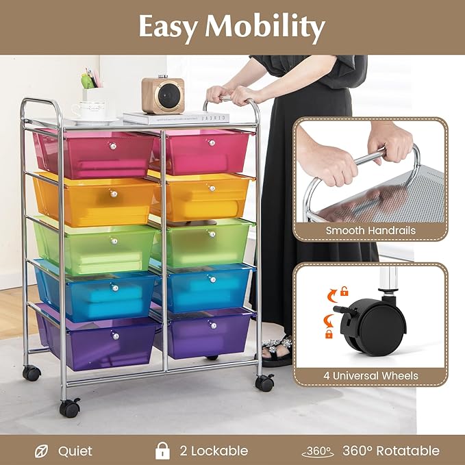 RELAX4LIFE Rolling Storage Cart with 10 Drawers - Craft Storage Cart with Lockable Wheels,Utility Cart, Art Cart Organizer for Crafting Storage, Studio, Office, School Rolling Drawer Cart (Rainbow)