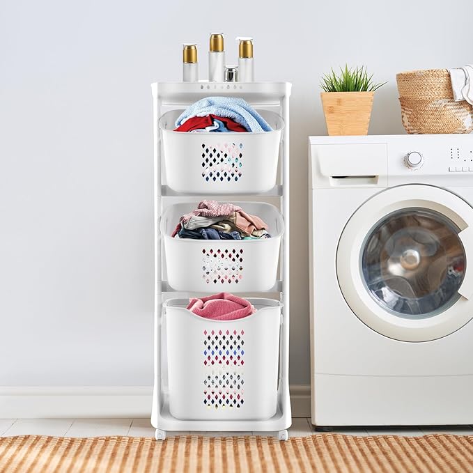 Laundry Basket Sorter with Wheels, 3-Tier Laundry Basket, Multi-functional 360° Rolling Storage Shelf for Kitchens, Bathrooms, Bedrooms, Classrooms, Laundry Rooms