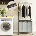 ROMOON Laundry Sorter Hamper with Hanging Bar, 3 Section Rolling Laundry Cart with Clothes Rack & Heavy-Duty Lockable Wheels, Divided Laundry Basket Organizer for Apartment & Small Spaces ((130L Grey)